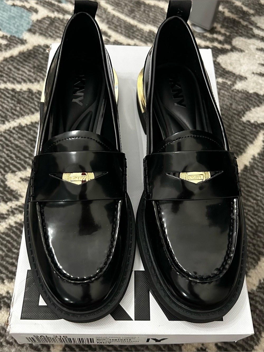 DKNY Black Patent Leather Rarya Penny Loafers with Gold Accent